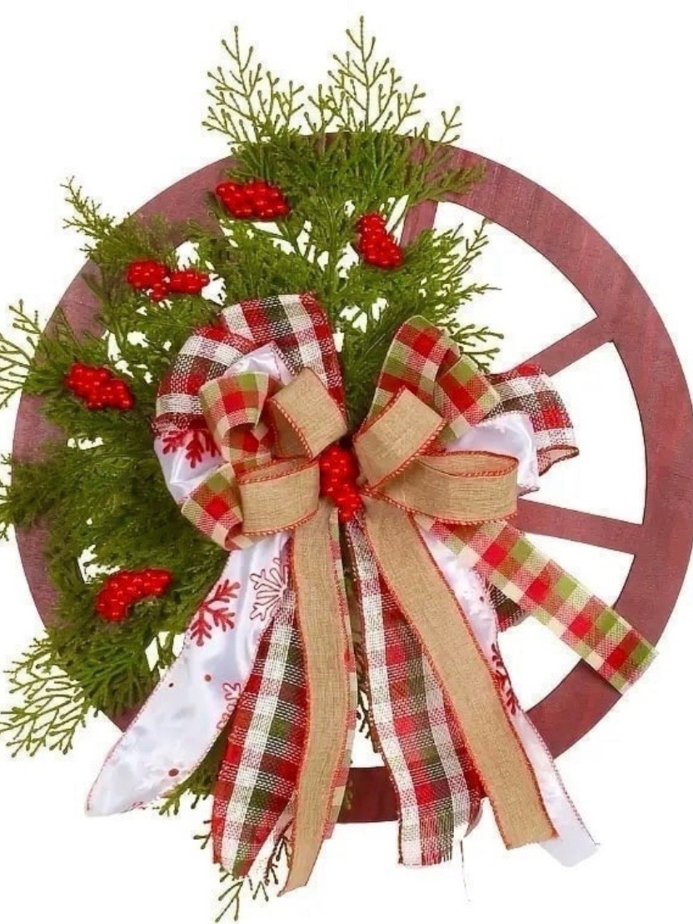 Rustic Holiday Wagon Wheel Wall Decor with Red Bow and Greenery